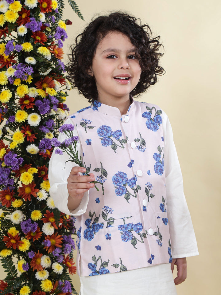 Baby Pink Floral Muslin Nehru Jacket with Cream Cotton Kurta Dhoti Set | SHOBITAM