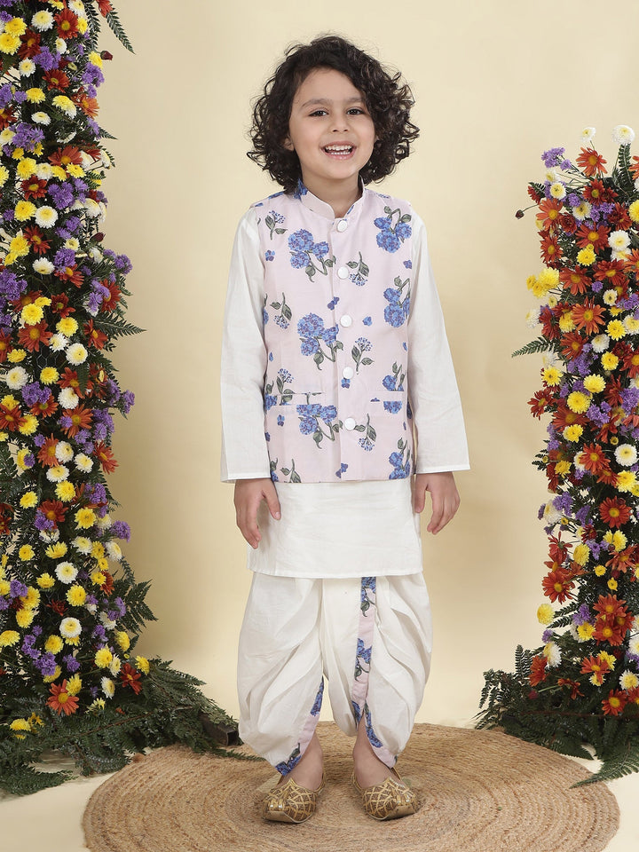 Baby Pink Floral Muslin Nehru Jacket with Cream Cotton Kurta Dhoti Set | SHOBITAM