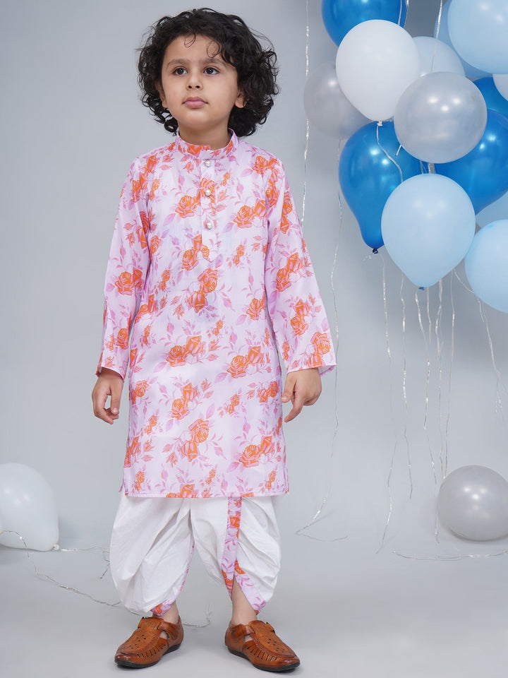 Boys Peach & Orange Rose Bloom Kurta Dhoti Set | SHOBITAM