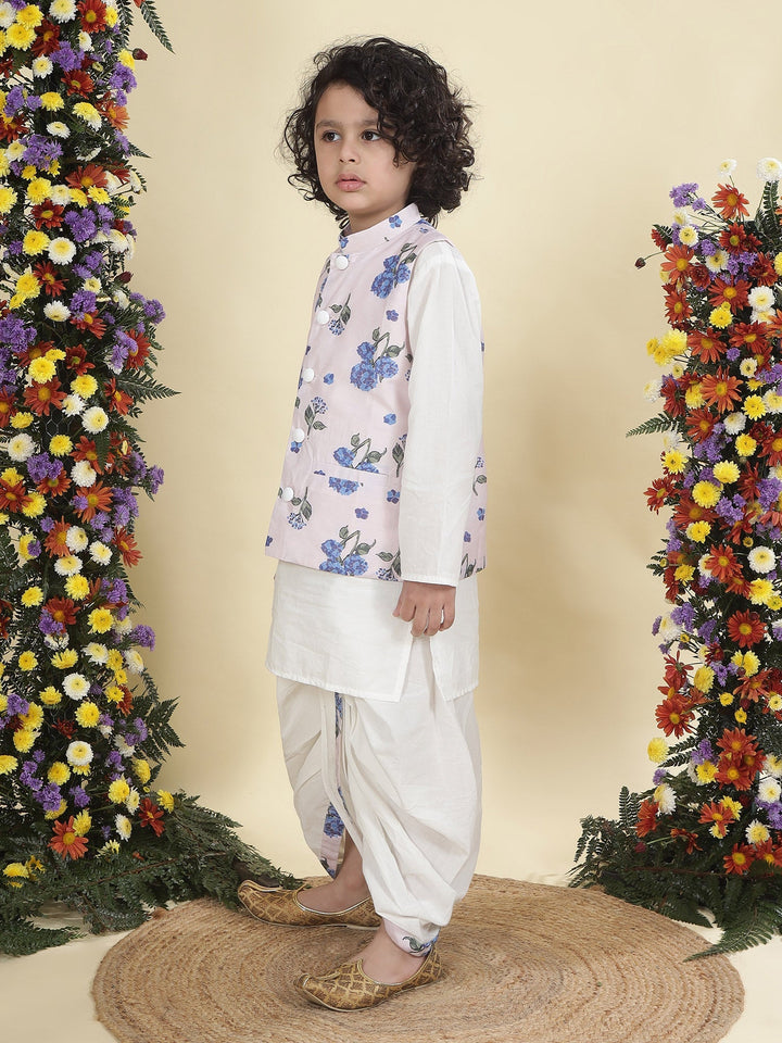 Baby Pink Floral Muslin Nehru Jacket with Cream Cotton Kurta Dhoti Set | SHOBITAM