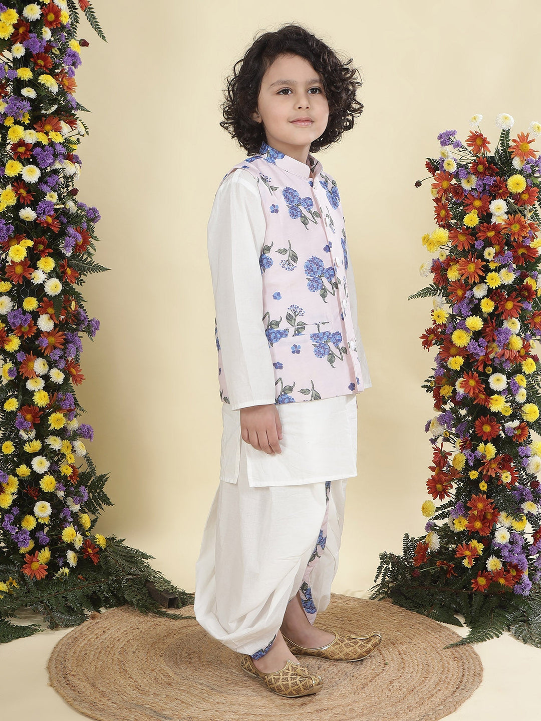 Baby Pink Floral Muslin Nehru Jacket with Cream Cotton Kurta Dhoti Set | SHOBITAM