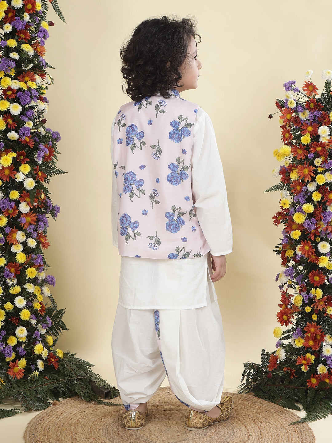 Baby Pink Floral Muslin Nehru Jacket with Cream Cotton Kurta Dhoti Set | SHOBITAM