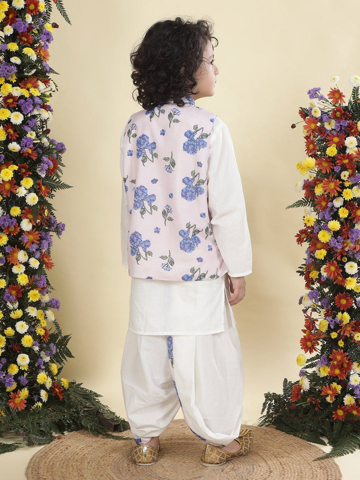 Baby Pink Floral Muslin Nehru Jacket with Cream Cotton Kurta Dhoti Set | SHOBITAM