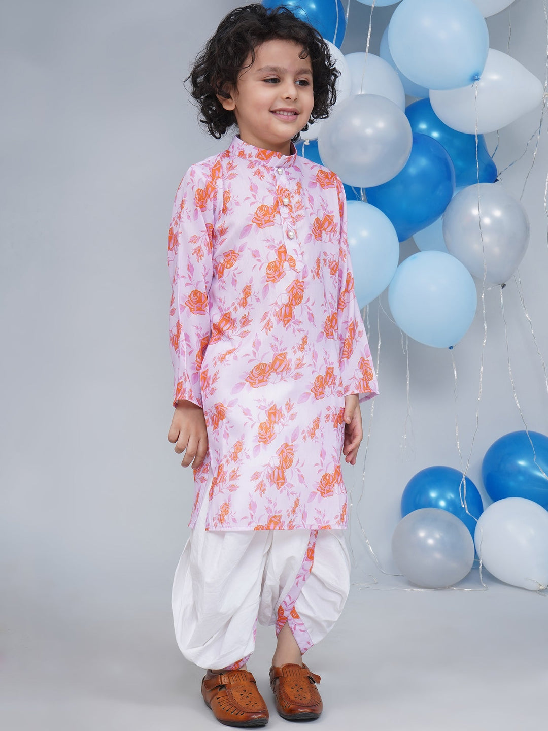 Boys Peach & Orange Rose Bloom Kurta Dhoti Set | SHOBITAM