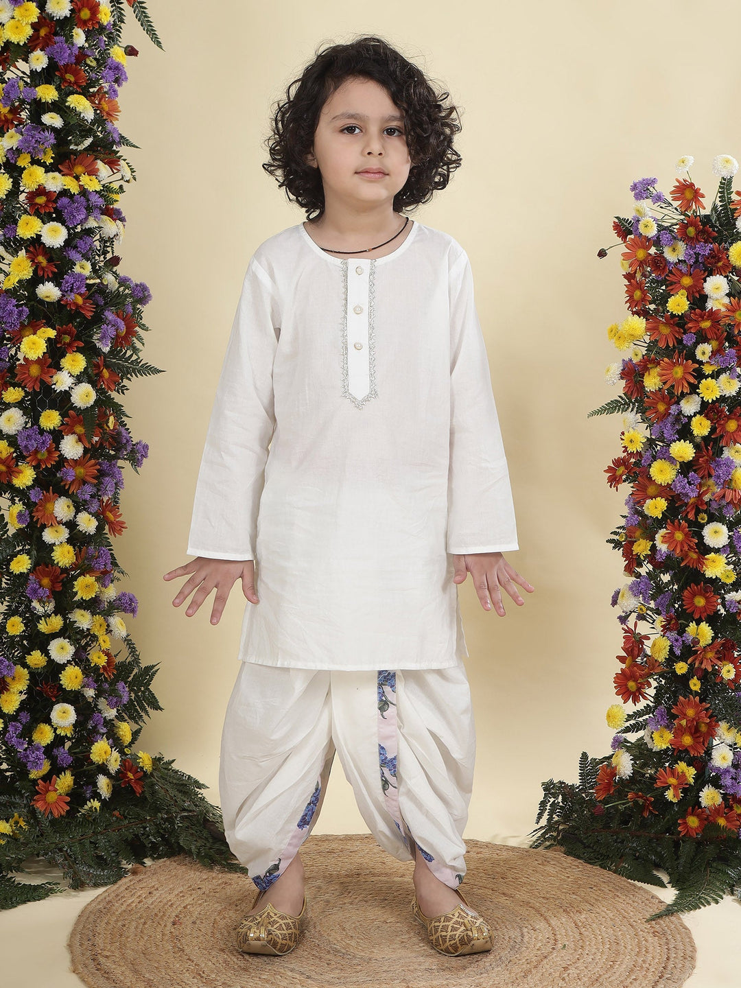 Baby Pink Floral Muslin Nehru Jacket with Cream Cotton Kurta Dhoti Set | SHOBITAM