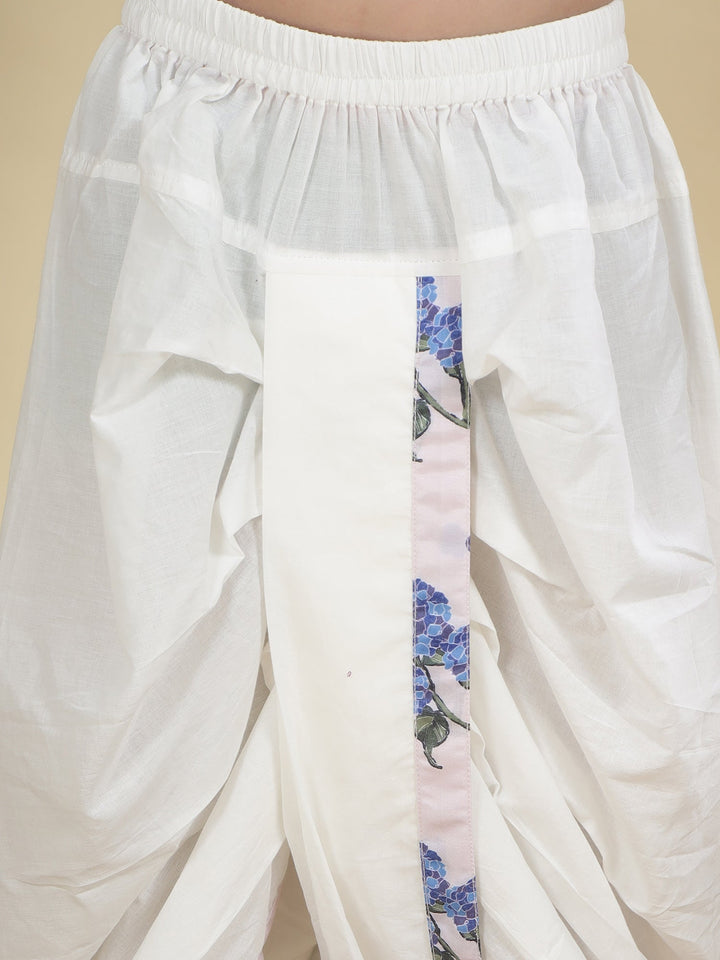 Baby Pink Floral Muslin Nehru Jacket with Cream Cotton Kurta Dhoti Set | SHOBITAM