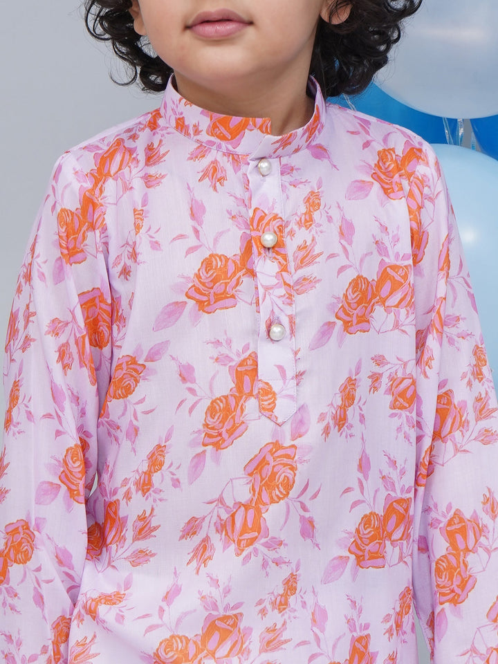 Boys Peach & Orange Rose Bloom Kurta Dhoti Set | SHOBITAM