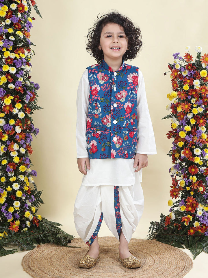 Blue Floral Butterfly Nehru Jacket with Cotton Kurta Dhoti Set | SHOBITAM