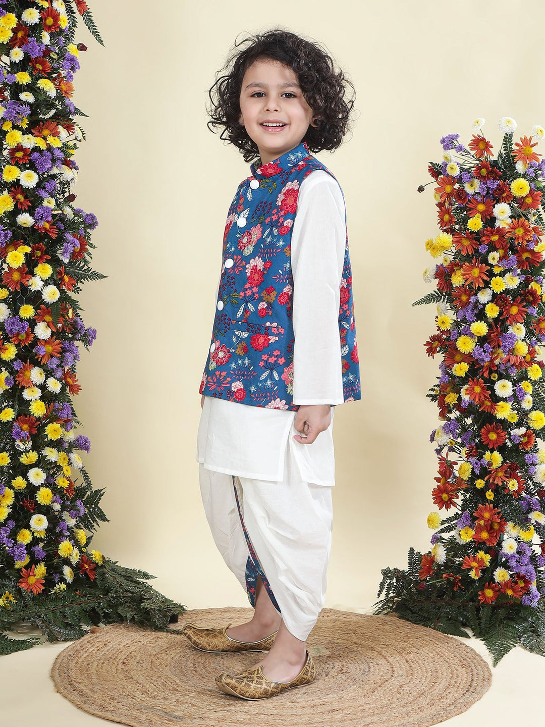 Blue Floral Butterfly Nehru Jacket with Cotton Kurta Dhoti Set | SHOBITAM
