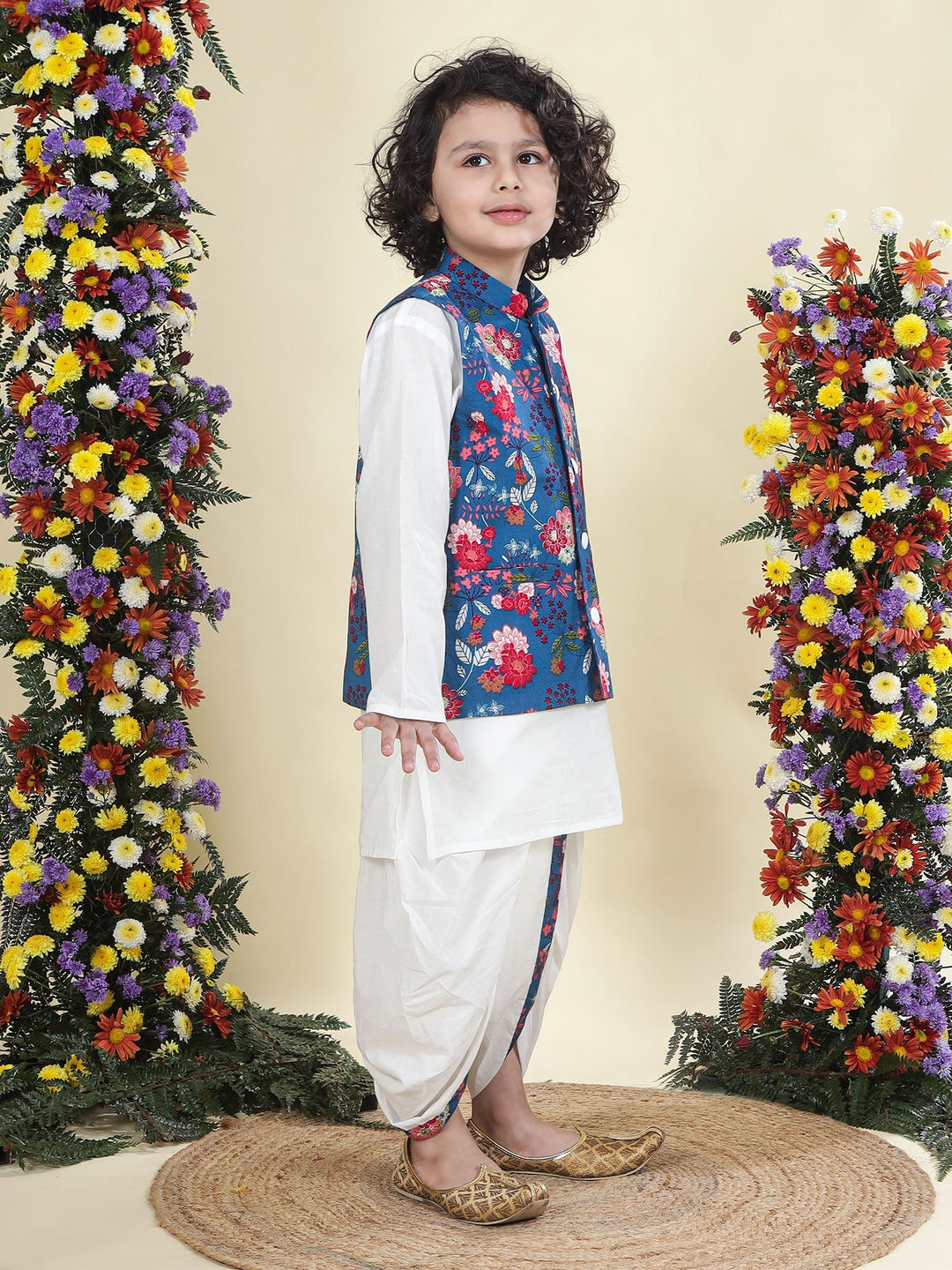 Blue Floral Butterfly Nehru Jacket with Cotton Kurta Dhoti Set | SHOBITAM