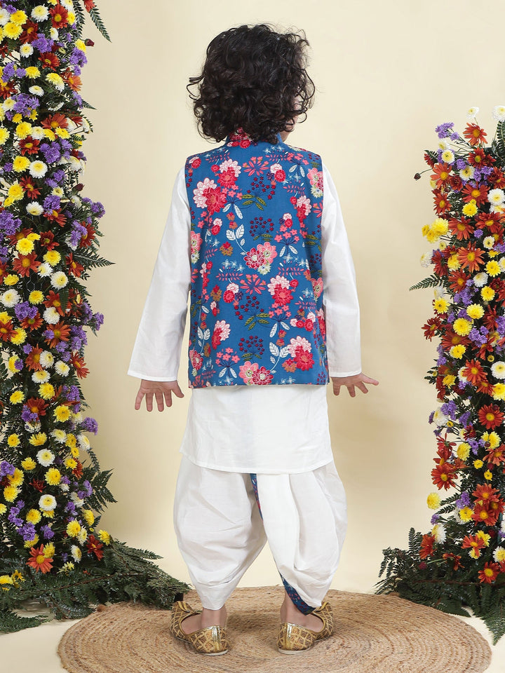 Blue Floral Butterfly Nehru Jacket with Cotton Kurta Dhoti Set | SHOBITAM