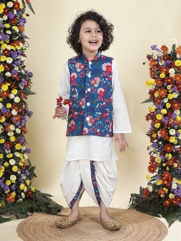 Blue Floral Butterfly Nehru Jacket with Cotton Kurta Dhoti Set | SHOBITAM