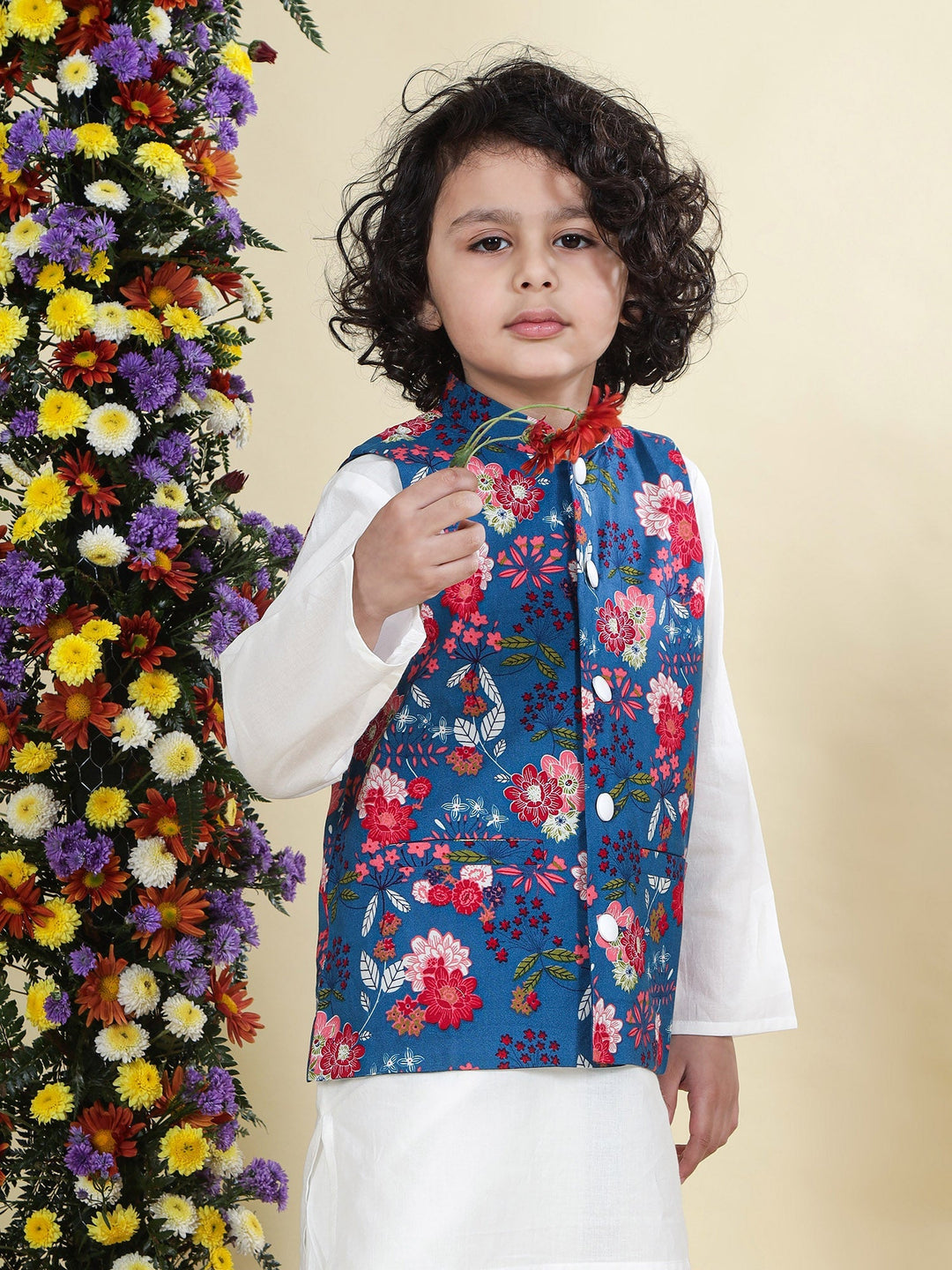 Blue Floral Butterfly Nehru Jacket with Cotton Kurta Dhoti Set | SHOBITAM
