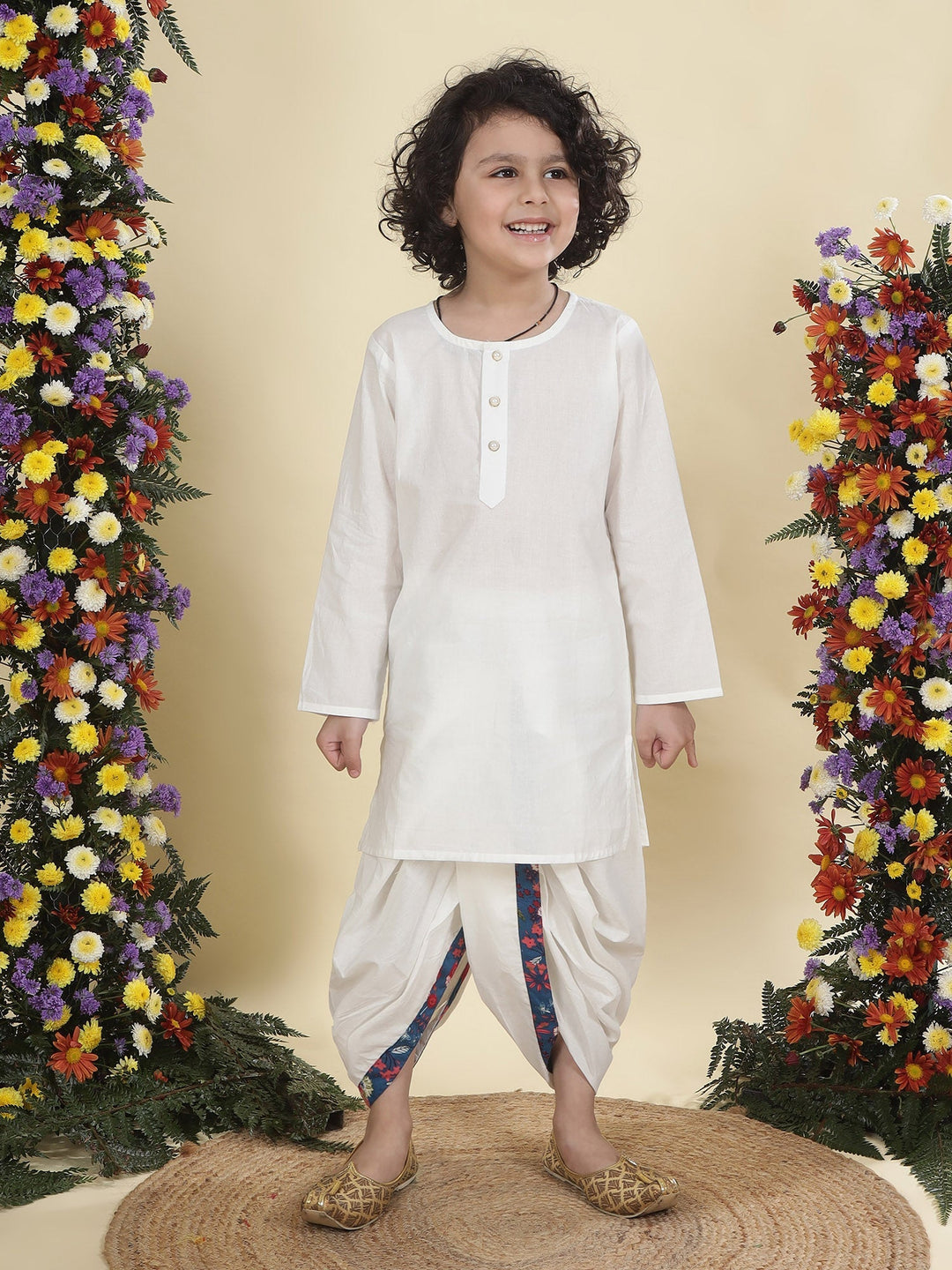 Blue Floral Butterfly Nehru Jacket with Cotton Kurta Dhoti Set | SHOBITAM