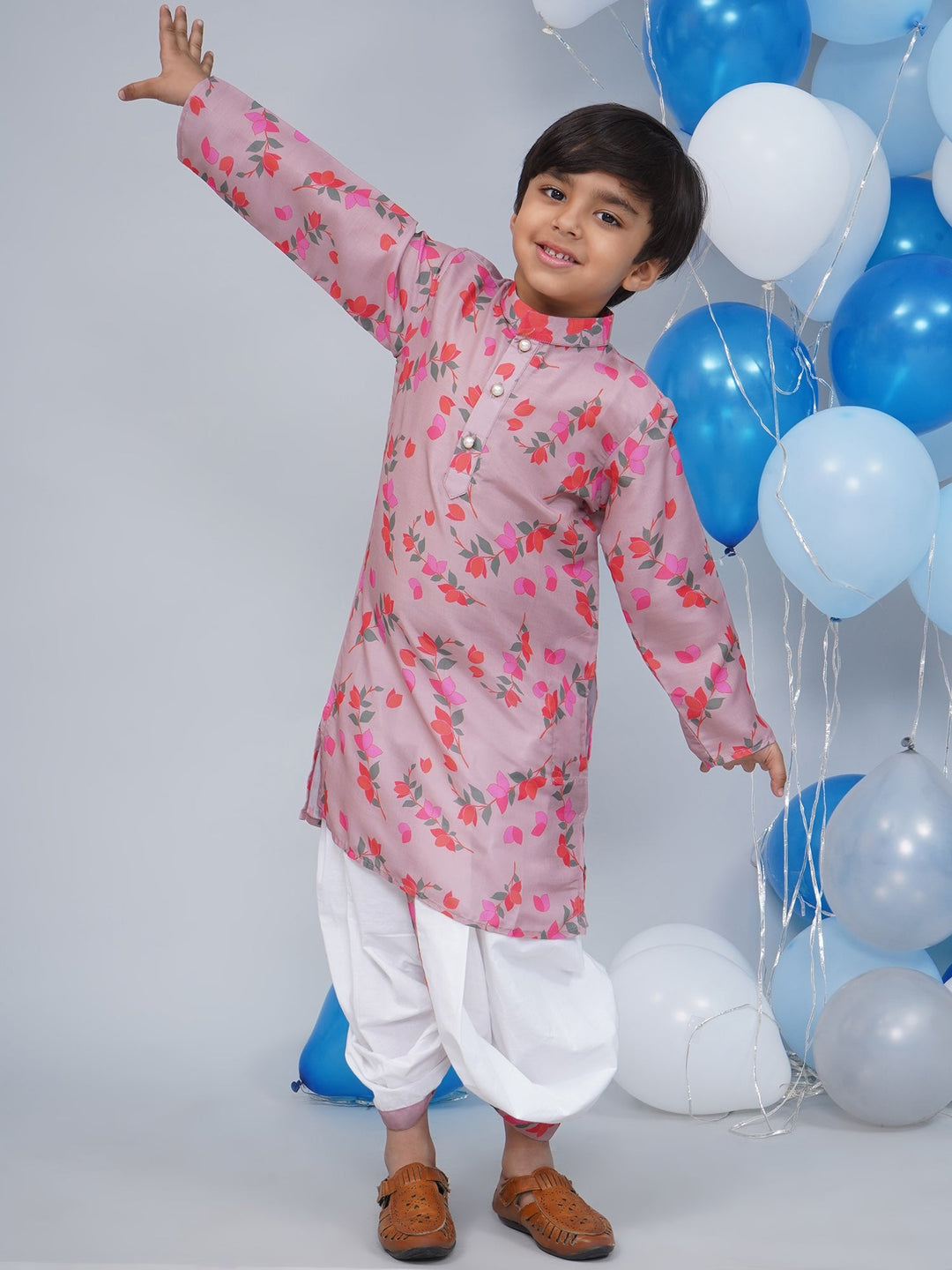 Boys Dusky Rose Muslin Floral Bliss Dhoti Kurta Set | SHOBITAM