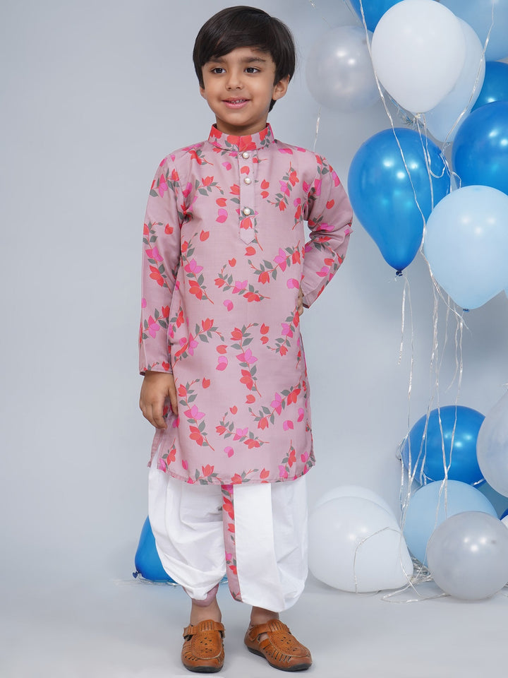 Boys Dusky Rose Muslin Floral Bliss Dhoti Kurta Set | SHOBITAM