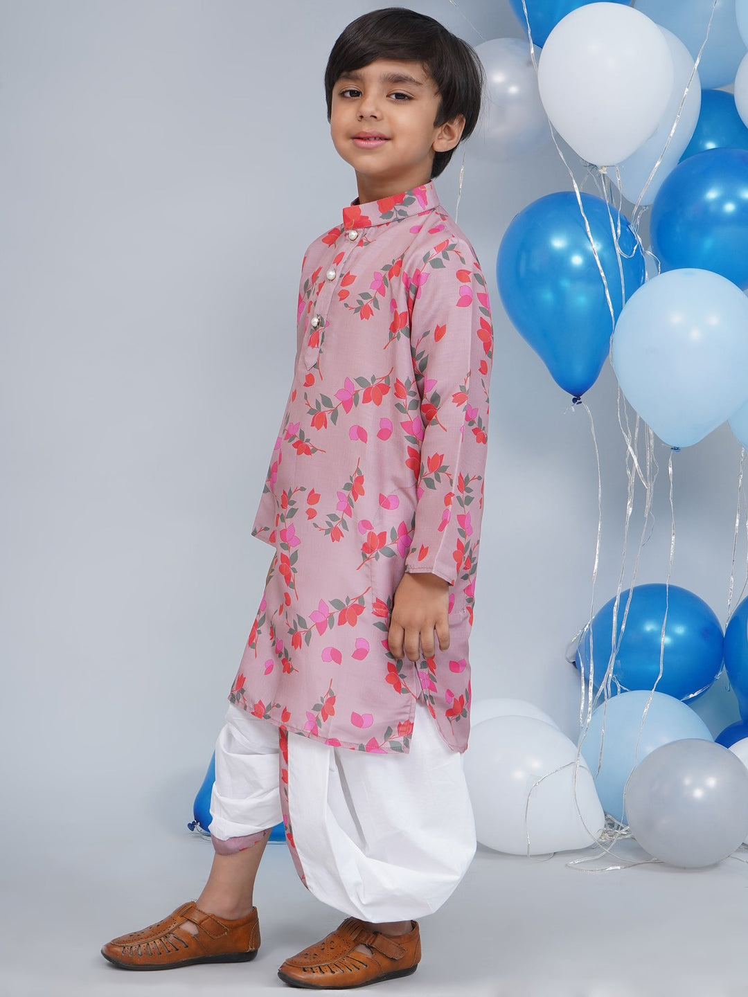Boys Dusky Rose Muslin Floral Bliss Dhoti Kurta Set | SHOBITAM