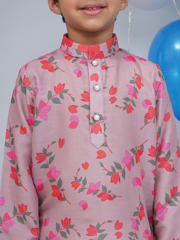Boys Dusky Rose Muslin Floral Bliss Dhoti Kurta Set | SHOBITAM
