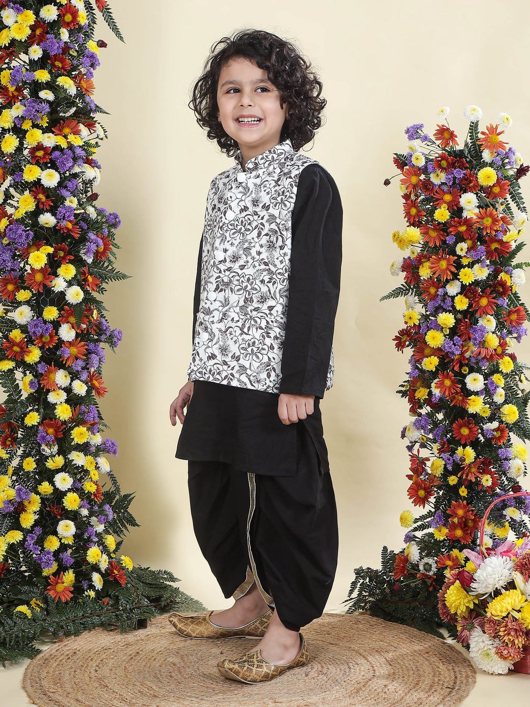 White Floral Nehru Jacket with Black Cotton Kurta Dhoti Set | SHOBITAM