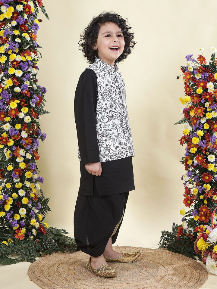 White Floral Nehru Jacket with Black Cotton Kurta Dhoti Set | SHOBITAM