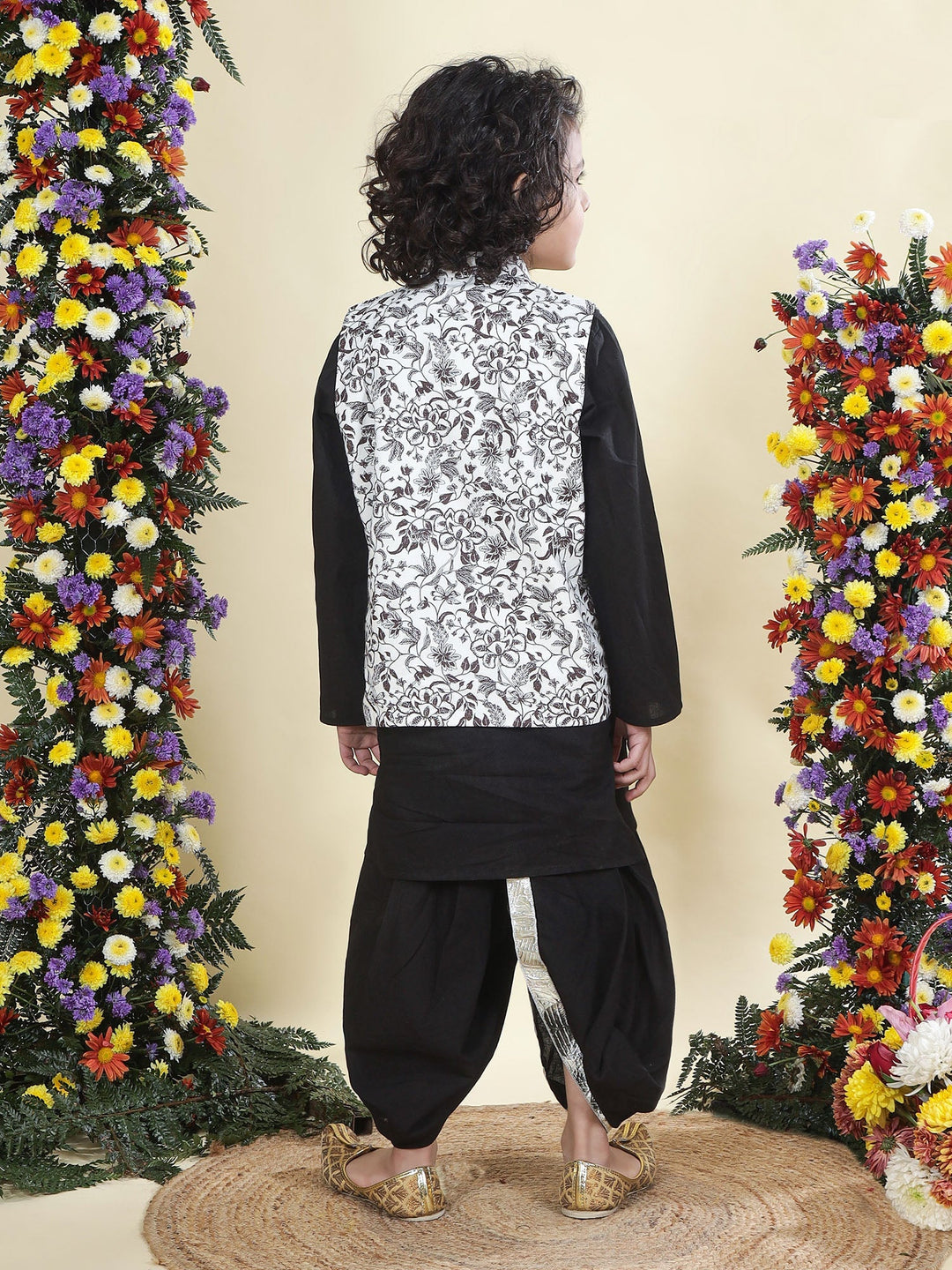 White Floral Nehru Jacket with Black Cotton Kurta Dhoti Set | SHOBITAM