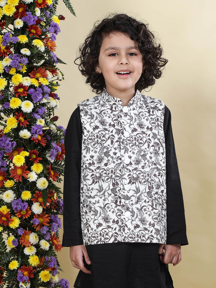 White Floral Nehru Jacket with Black Cotton Kurta Dhoti Set | SHOBITAM