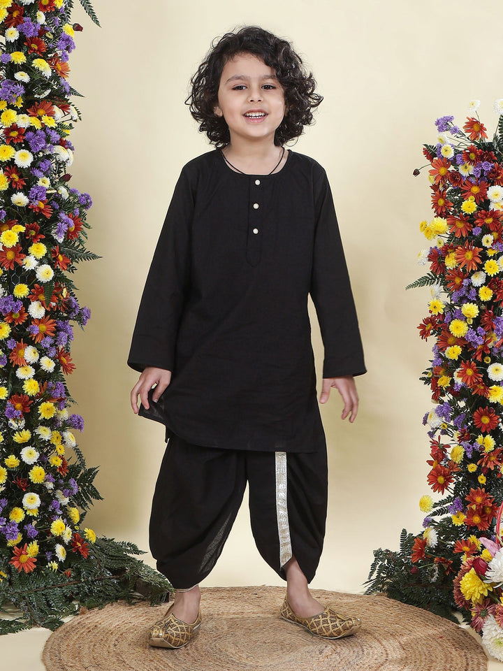 White Floral Nehru Jacket with Black Cotton Kurta Dhoti Set | SHOBITAM