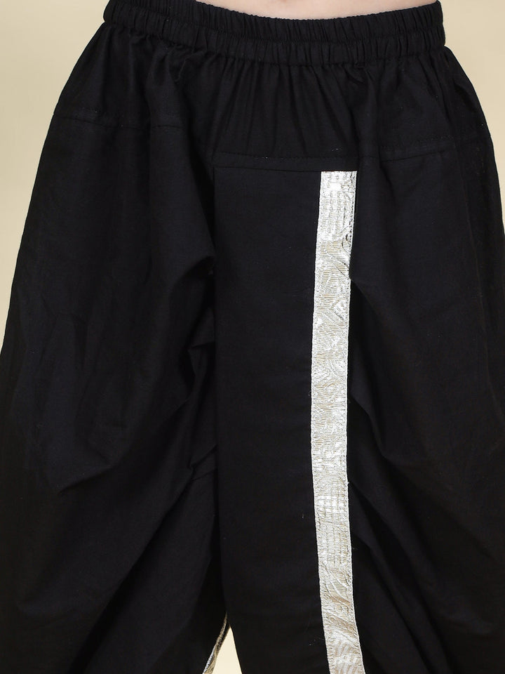 White Floral Nehru Jacket with Black Cotton Kurta Dhoti Set | SHOBITAM