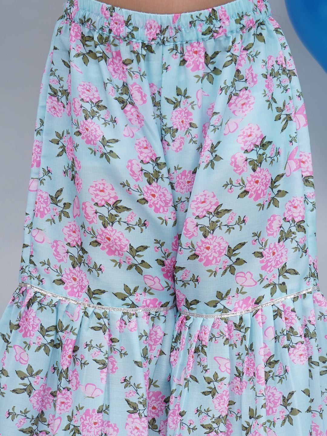 Girls Blue Muslin Floral Butterfly Kurta Sharara Set with Dupatta | SHOBITAM