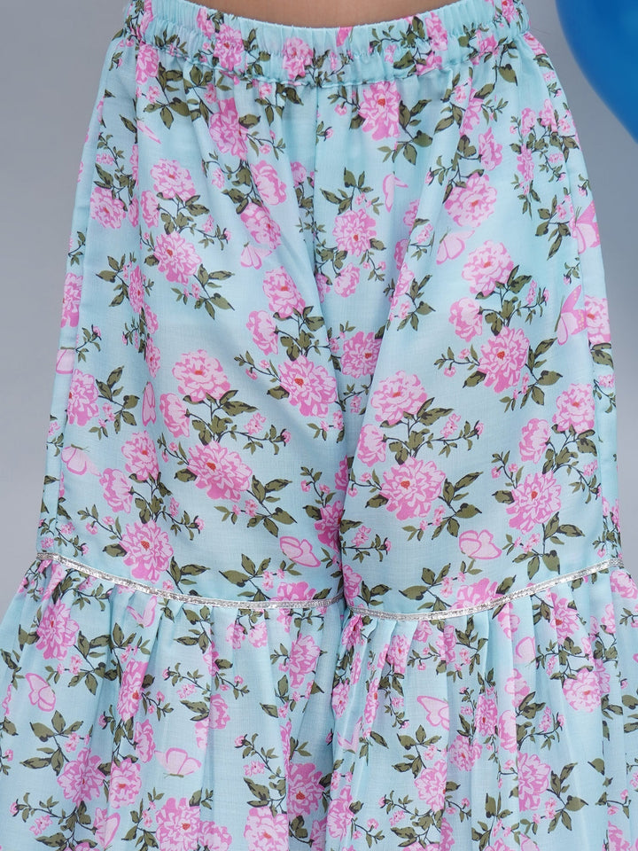 Girls Blue Muslin Floral Butterfly Kurta Sharara Set with Dupatta | SHOBITAM