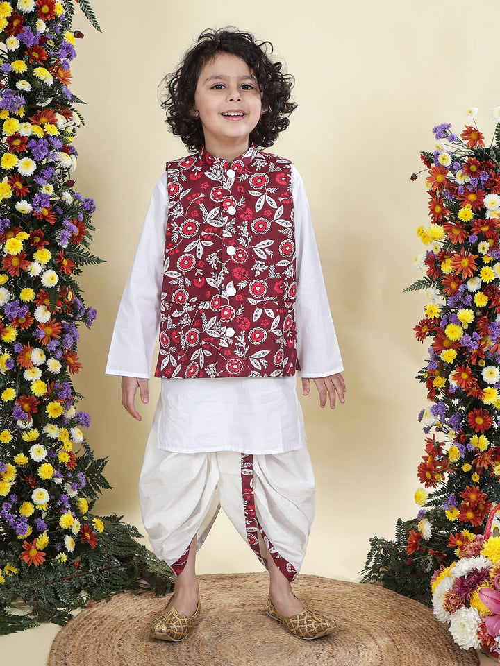 Red Floral Nehru Jacket with Cotton Kurta Dhoti Set | SHOBITAM