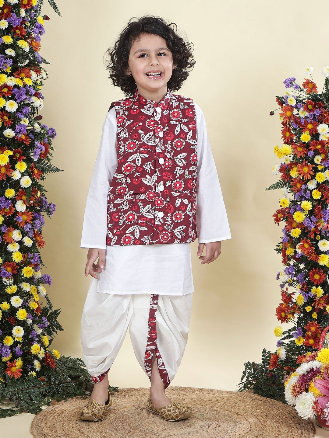 Red Floral Nehru Jacket with Cotton Kurta Dhoti Set | SHOBITAM