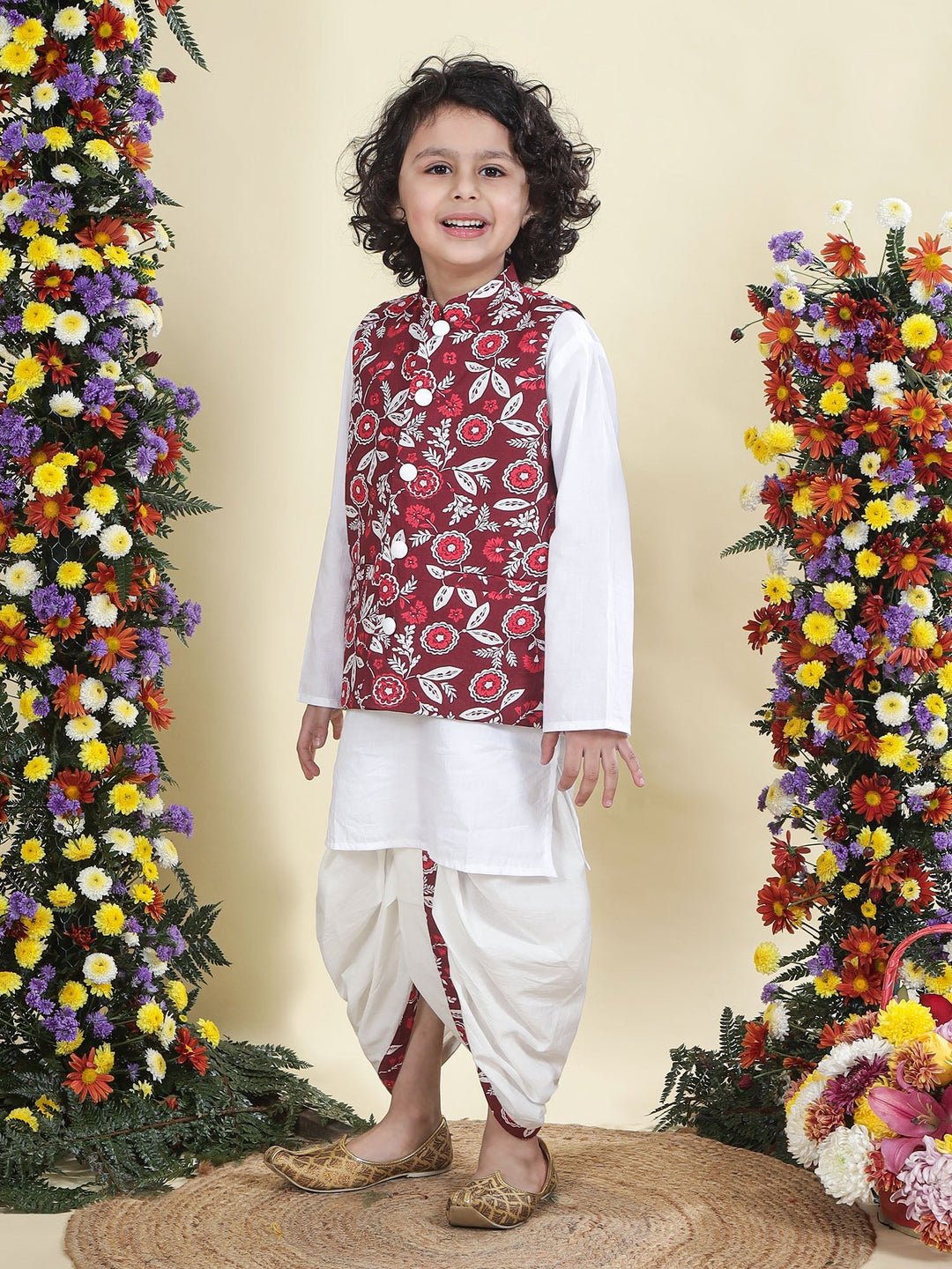 Red Floral Nehru Jacket with Cotton Kurta Dhoti Set | SHOBITAM