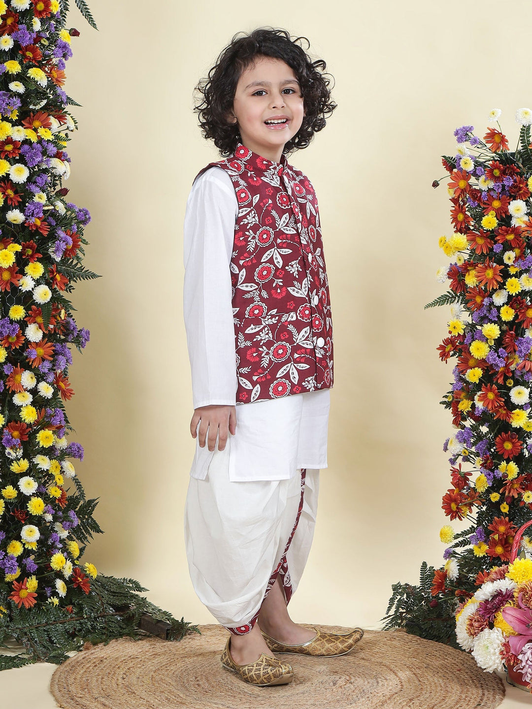 Red Floral Nehru Jacket with Cotton Kurta Dhoti Set | SHOBITAM