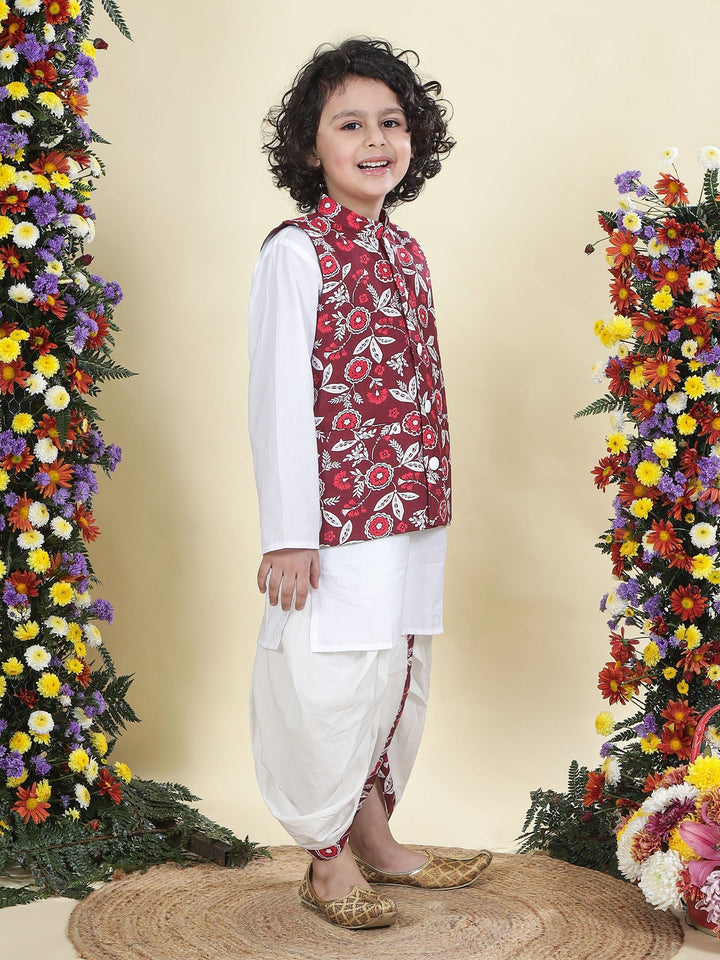 Red Floral Nehru Jacket with Cotton Kurta Dhoti Set | SHOBITAM