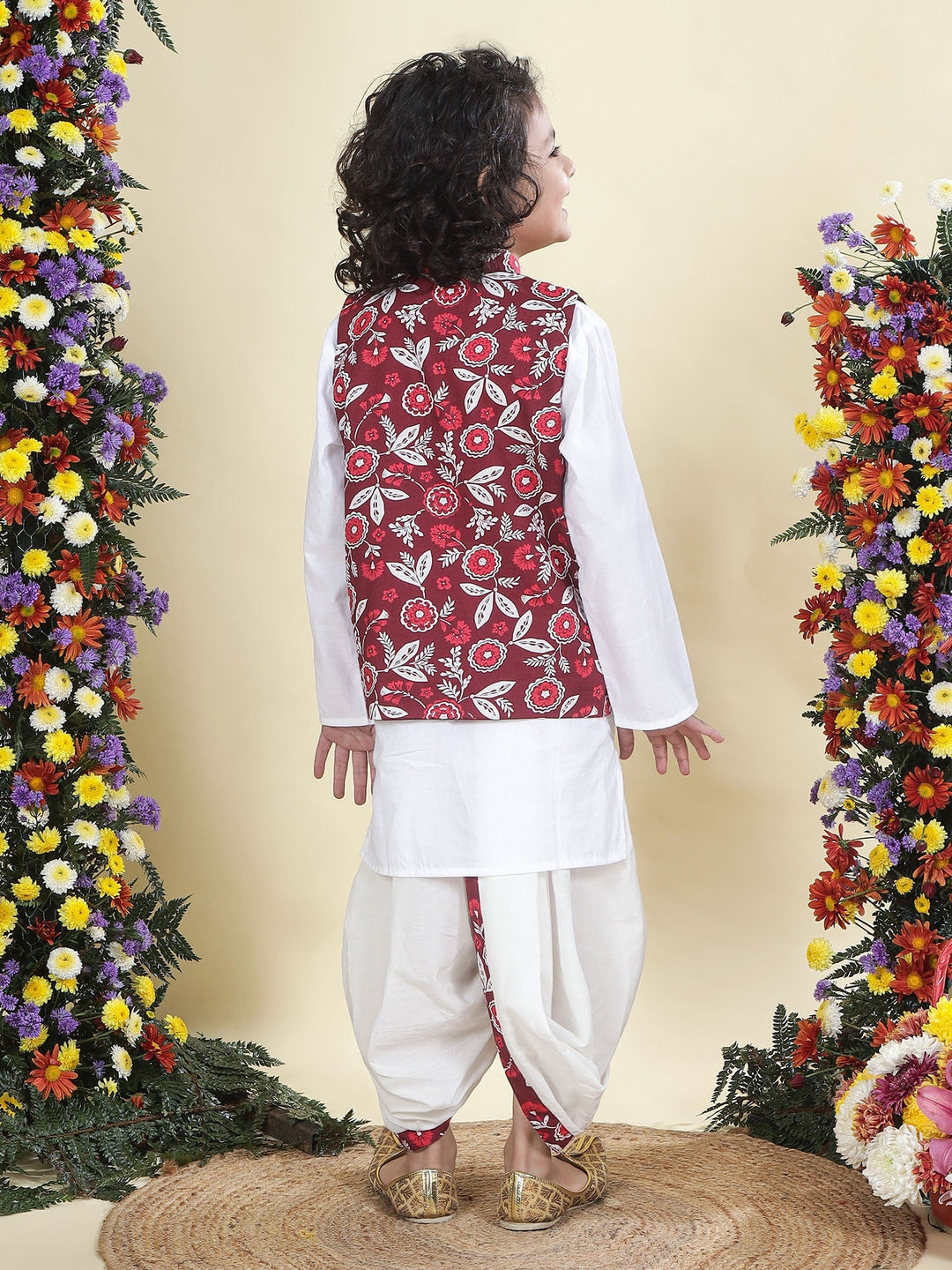 Red Floral Nehru Jacket with Cotton Kurta Dhoti Set | SHOBITAM