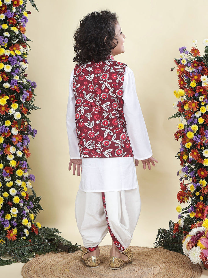 Red Floral Nehru Jacket with Cotton Kurta Dhoti Set | SHOBITAM