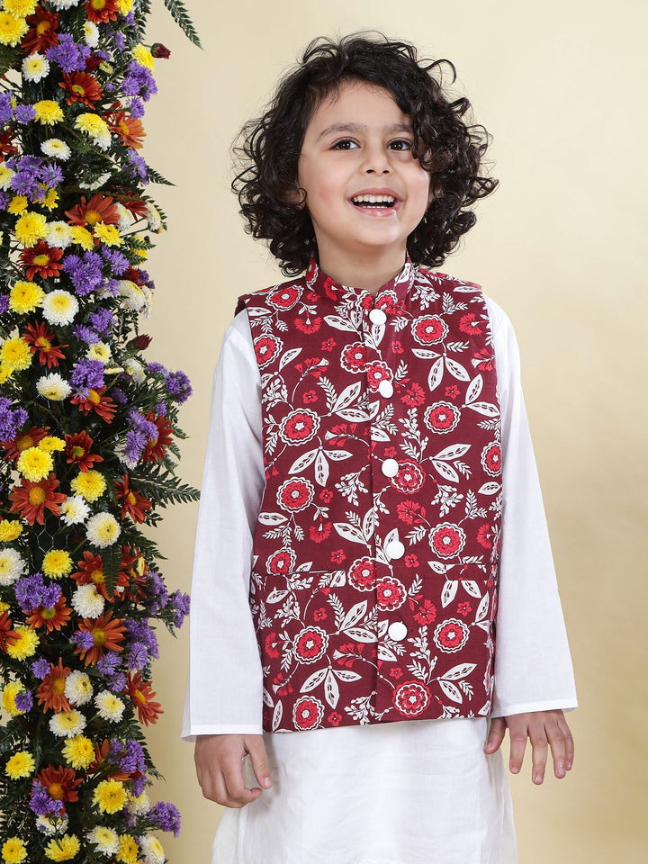 Red Floral Nehru Jacket with Cotton Kurta Dhoti Set | SHOBITAM