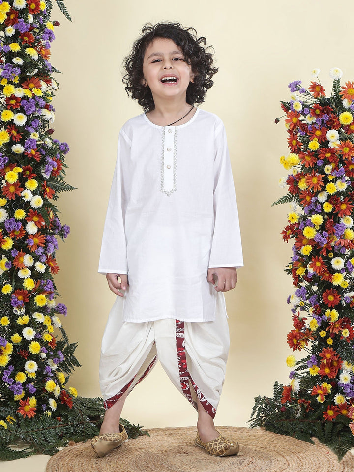 Red Floral Nehru Jacket with Cotton Kurta Dhoti Set | SHOBITAM