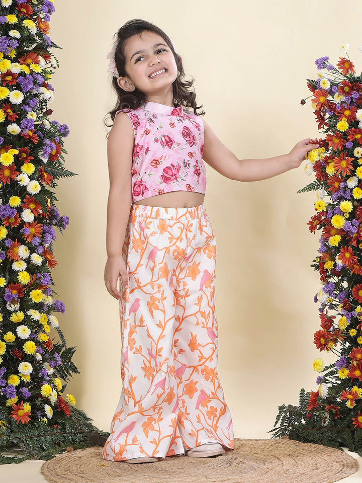 Pink Rose Top with Fauna Embroidery Cotton Plazzo  | SHOBITAM