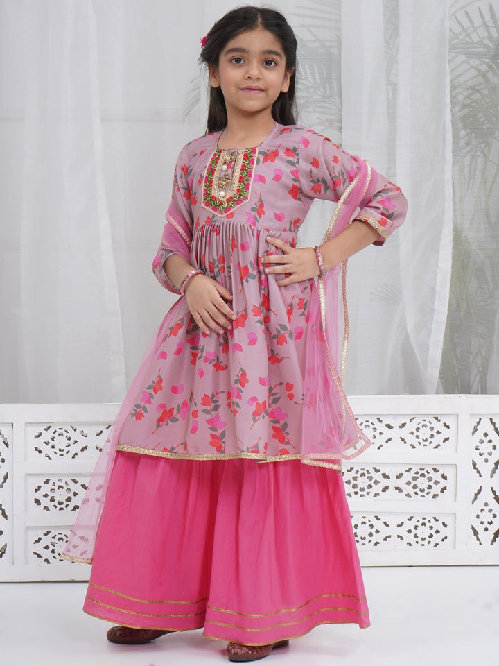 Girls Dusky Rose Muslin Floral Bliss Kurta Sharara Set with Dupatta & Cotton Lining | SHOBITAM