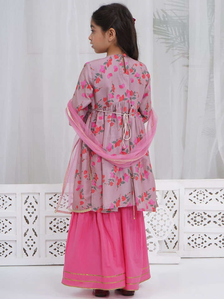 Girls Dusky Rose Muslin Floral Bliss Kurta Sharara Set with Dupatta & Cotton Lining | SHOBITAM