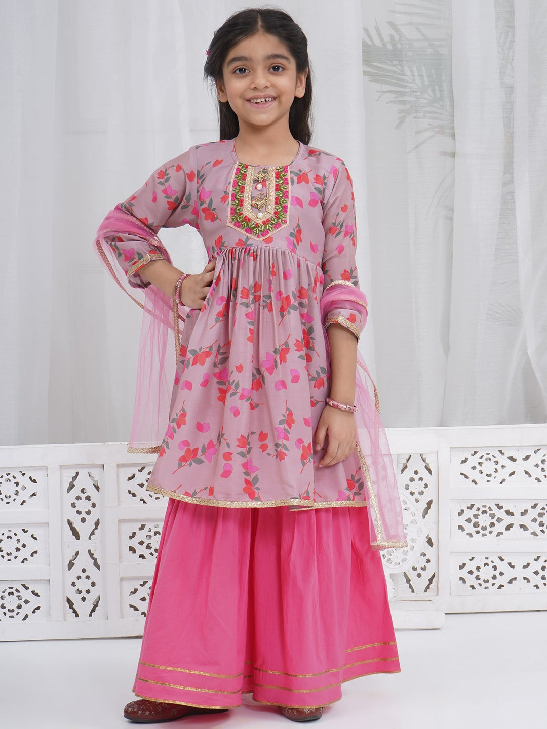Girls Dusky Rose Muslin Floral Bliss Kurta Sharara Set with Dupatta & Cotton Lining | SHOBITAM