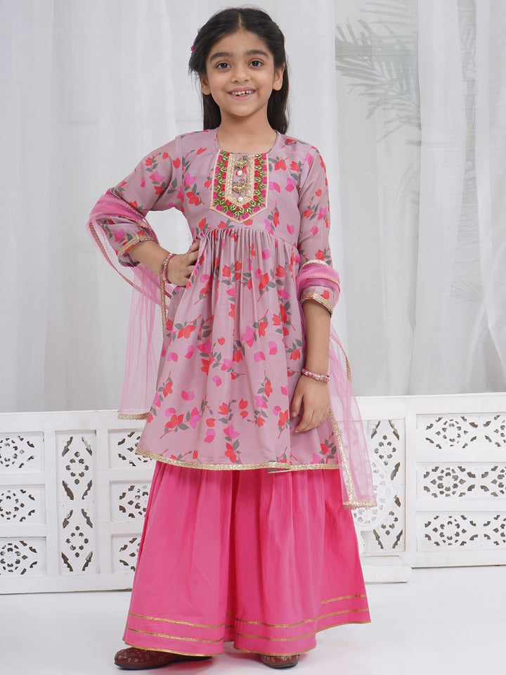 Girls Dusky Rose Muslin Floral Bliss Kurta Sharara Set with Dupatta & Cotton Lining | SHOBITAM