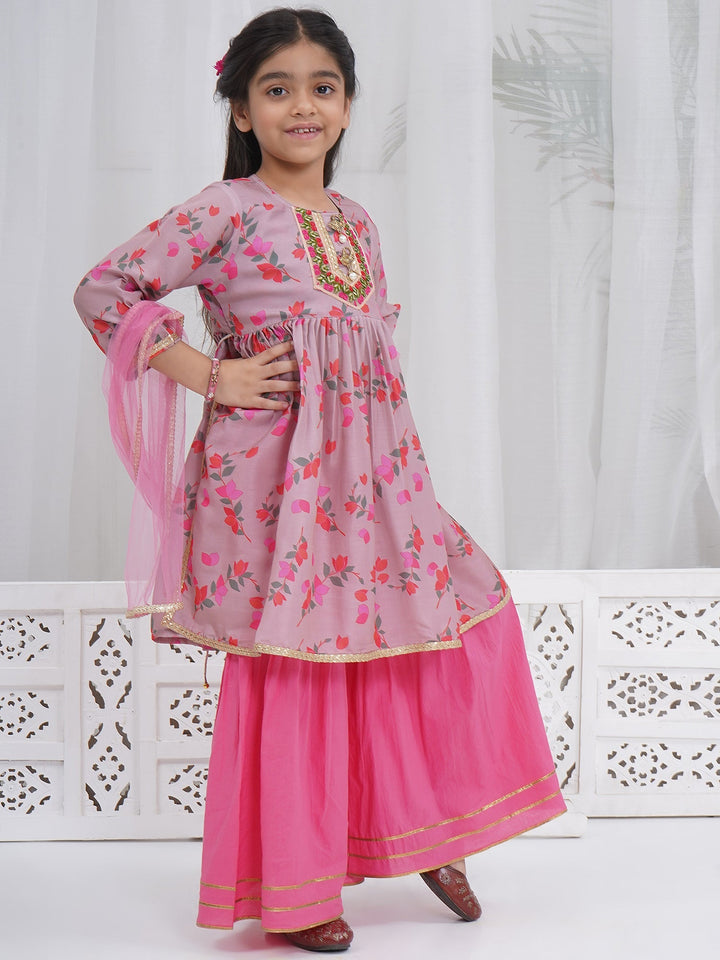 Girls Dusky Rose Muslin Floral Bliss Kurta Sharara Set with Dupatta & Cotton Lining | SHOBITAM