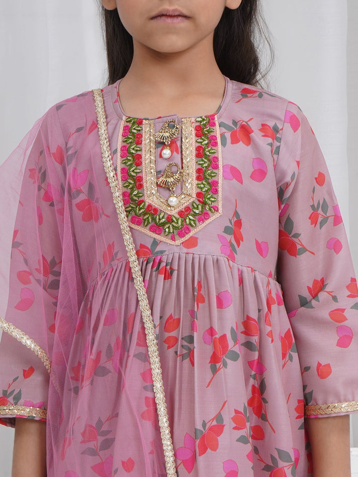 Girls Dusky Rose Muslin Floral Bliss Kurta Sharara Set with Dupatta & Cotton Lining | SHOBITAM