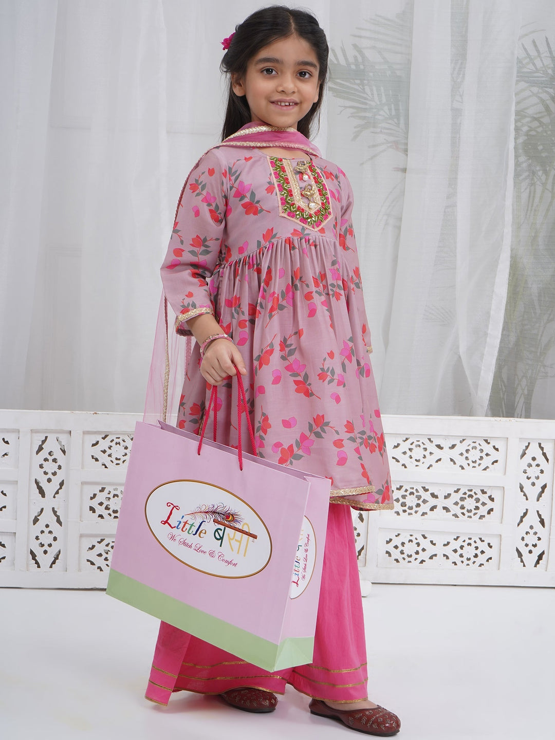 Girls Dusky Rose Muslin Floral Bliss Kurta Sharara Set with Dupatta & Cotton Lining | SHOBITAM