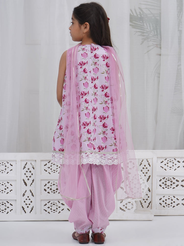 Girls Lavender Cotton Lotus Lacework Kurta Salwar Set