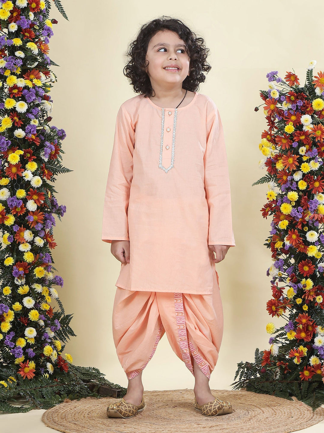 Peach Chevron Nehru Jacket with Cotton Kurta Dhoti Set | SHOBITAM