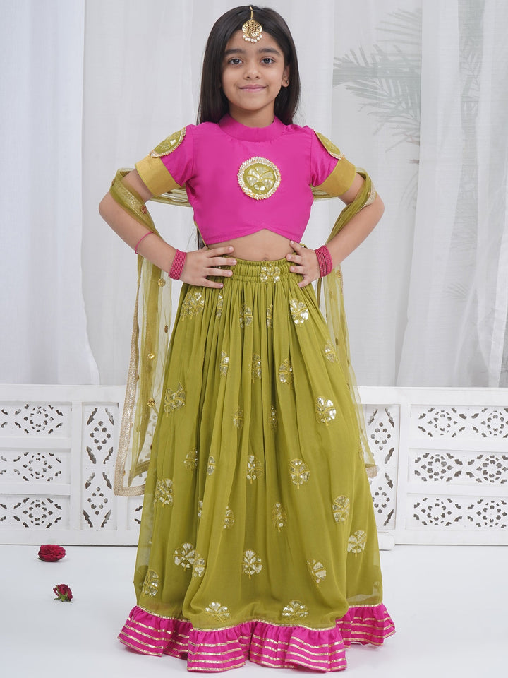 Girls Jodhpuri Rani Mehendi Green Lehenga Set | SHOBITAM